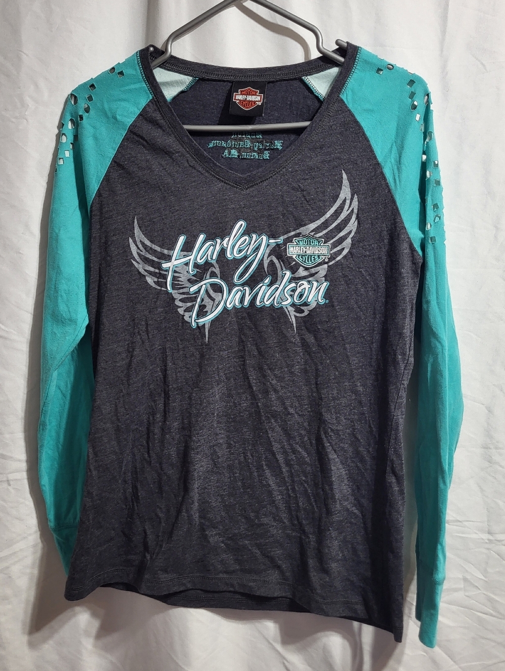 Harley-Davidson Teal & Charcoal V-Neck Raglan Long Sleeve Top, Size Small